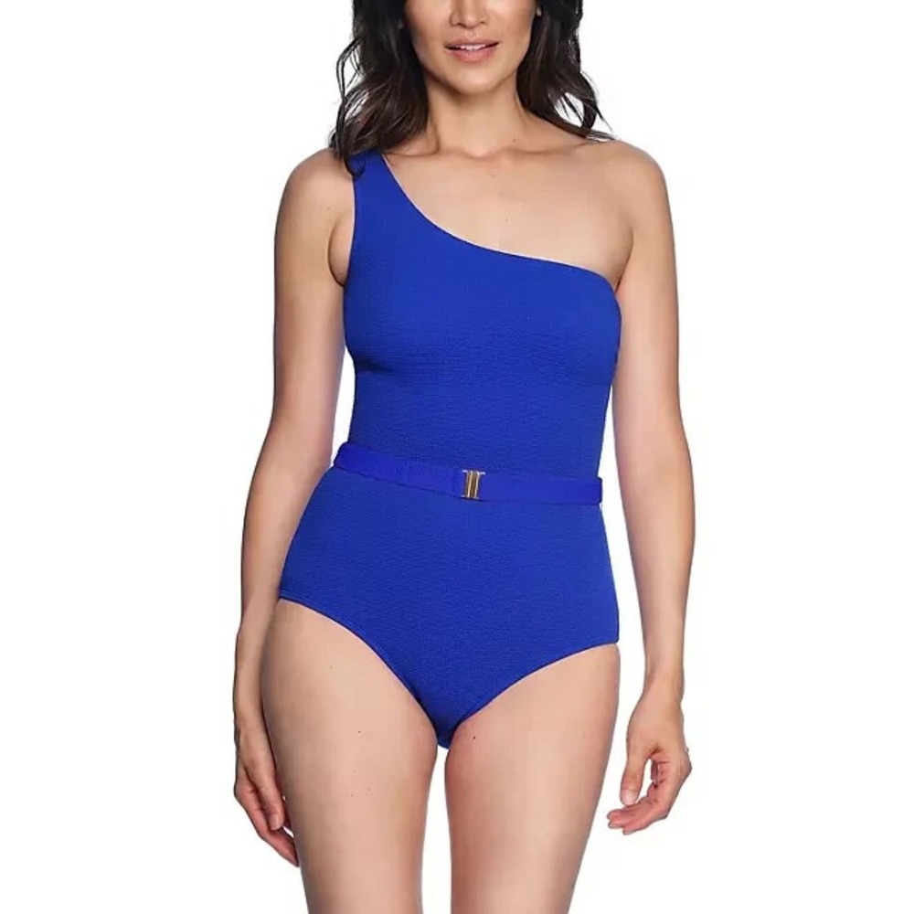 Loft Womens Asymmetrical Textured One-Piece Swimsuit XL Blue Belted UPF 50+